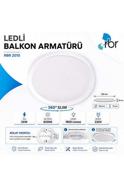 RBR 24W LED’li Banyo, Balkon Armatürü 6500K Beyaz Işık 1800 Lümen 30 cm Slim ...