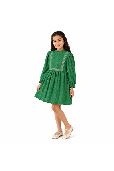 Generic Girls' Green High-Necked Dress with Long, Wide Sleeves