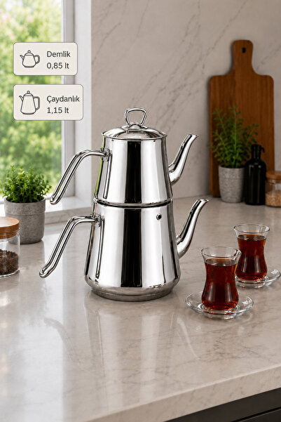 Paslanmaz Çelik Çaydanlık Pramit 0,85 Lt. + 1,15 Lt. İndüksiyon Tabanlı