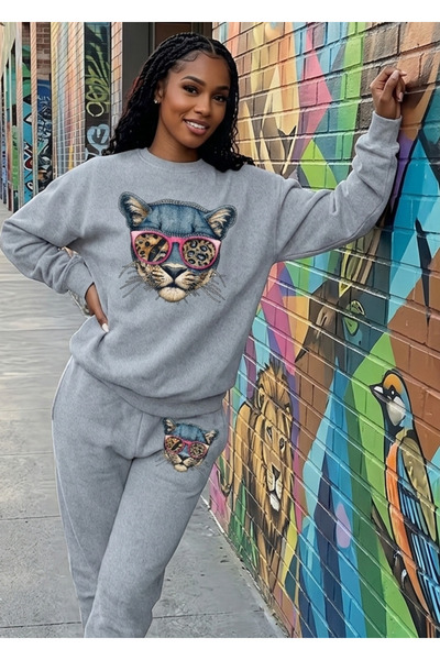 WOODROFFE Graphic Printed Crew Neck Sweatpants Set Oversize