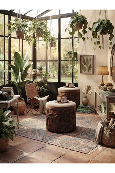 SANON Arabic Palm Carved Wood Ottoman with Velvet Seat, Walnut Veneer | Hand-...