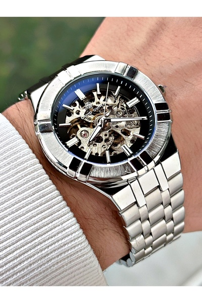 DAVID GUNER Automatic Mechanical Silver-Black Color Steel Band Men's Wristwat...