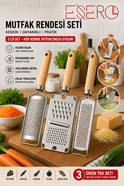 ESERO Steel Kitchen Grater Set of 3 – Multi-Purpose Grater with Wooden Handle...