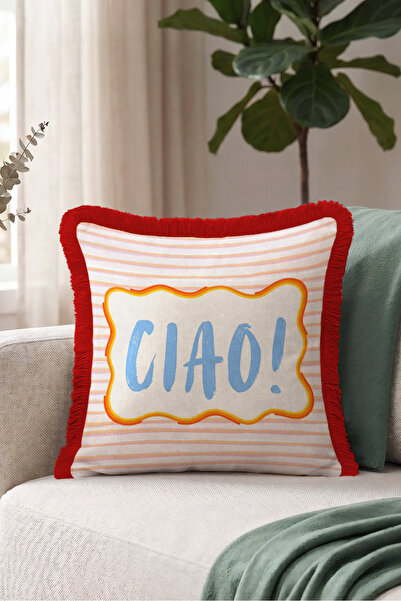 Evimde Bambaşka Bohemian Striped Text Stylish Fringed Pillowcase - Retro Holi...