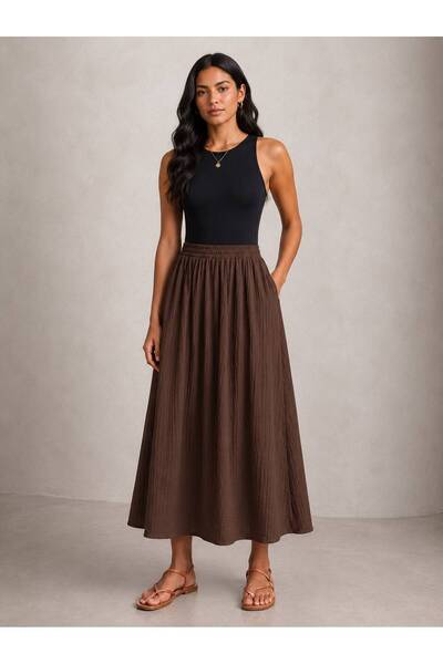 Rouge basıc Self-Striped Waist Elasticized Long Skirt with Pockets