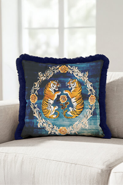 Evimde Bambaşka Tiger Figured Floral Wreath Patterned Fringed Pillowcase - Na...