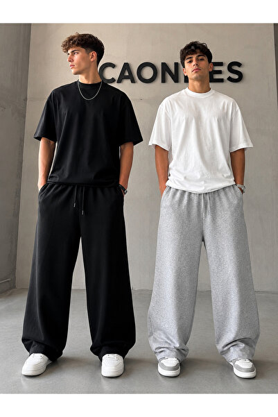 CAONNES 2-Pack Men's Sweatpants (Black-Grey) Oversize Baggy Loose Legs