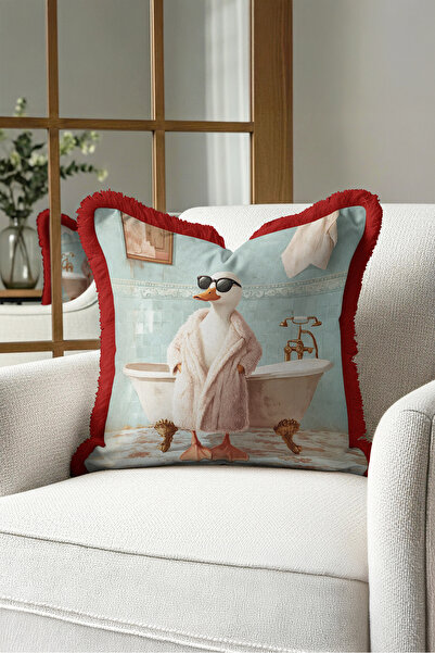 Evimde Bambaşka Vintage Duck Bath Figured Fringed Pillowcase - Nostalgic Anim...