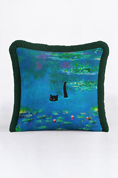 Evimde Bambaşka Artistic Cat Water Lily Pattern Fringed Pillowcase-Cute Pond ...