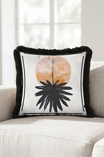 Evimde Bambaşka Tropical Palm Sunset Fringe Pillowcase-Artistic Botanical Boh...