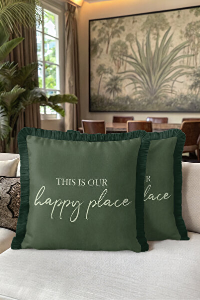 Evimde Bambaşka This Is Our Happy Place Written Decorative Fringed Pillowcase...