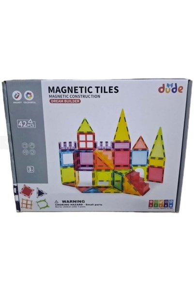 dude Manyetik Tiles Renkli 42 Parça Manyetik Yapı Magnetic Bloklar
