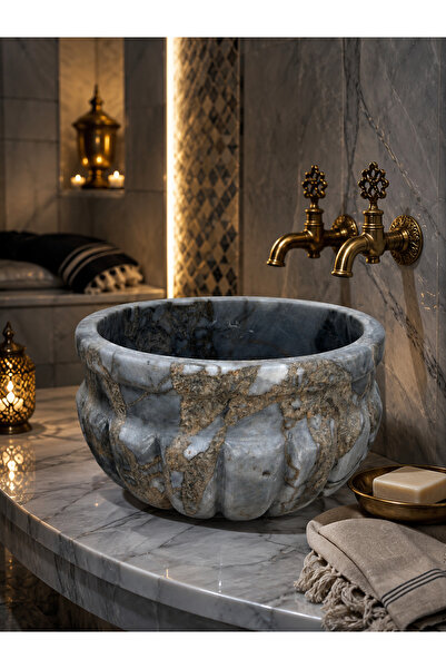 Belle Vie Afyon Gri Mermer El Oyma Hamam Kurnası | Lüks Banyo ve Spa Lavabosu