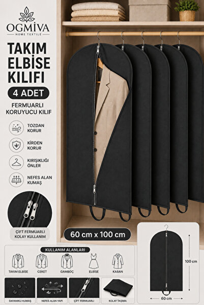 OgMiva 4'lü Takım Elbise Kılıfı 60x100 cm Çift Fermuarlı Gamboç Elbise Kılıfı...