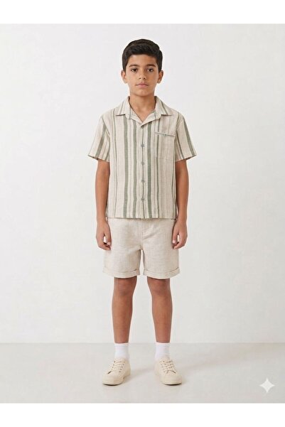 Bebeu Men's Green Striped Shirt Shorts Set