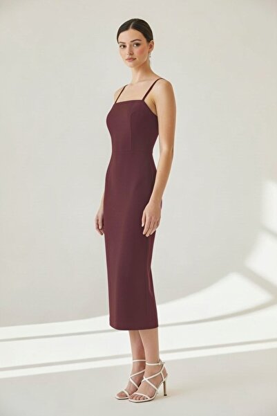 ENDAMIM Square Neck Scuba Midi Dress Slim Fit Slit Zipper Wedding Wedding Wom...