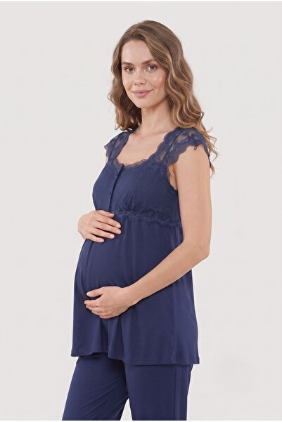 LOHOUSE Women's Navy Blue Lace 2-Piece Special Design Maternity Pajama Set