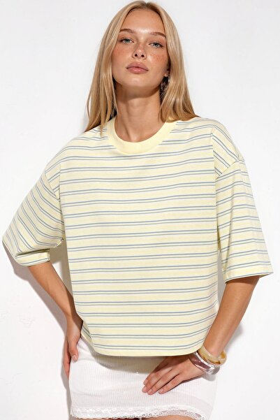 Hiccup BUSEM Oversize Ριγέ Βαμβακερό T-Shirt με λαιμόκοψη ποδηλάτου