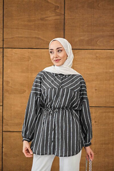 LOCCO Women's Striped Detailed Casual Shirt Smoked