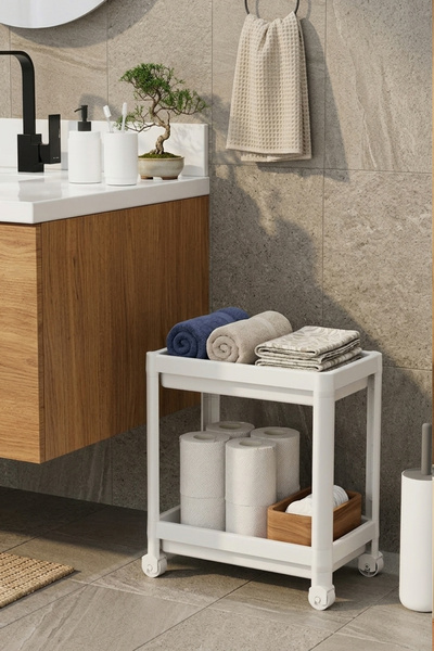 Snippy Pique - 2 Katlı Beyaz Mutfak Tezgah Altı Rafı Evye Altı Deterjanlık Rafı Tekerlekli Banyo Mutfak Rafı Düzenleyici Beyaz