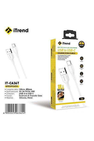 itrend Cablu USB-A la USB-C IT-CA36T, 1 m, Încărcare Rapidă 18W, Silicon, Alb