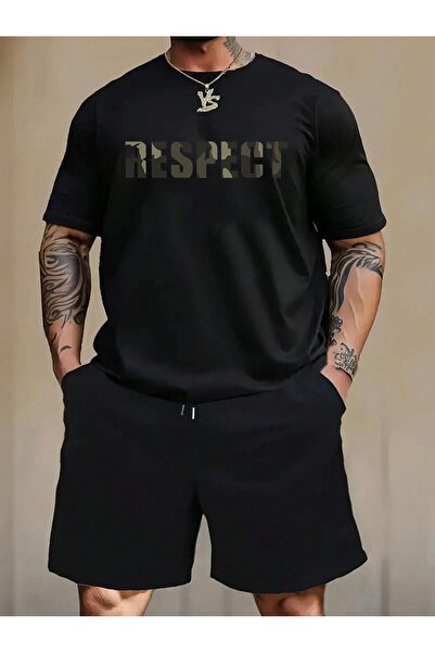 Boi Respect T-Shirt Shorts Koboistdin Set - Black Printed Oversize Crew Neck