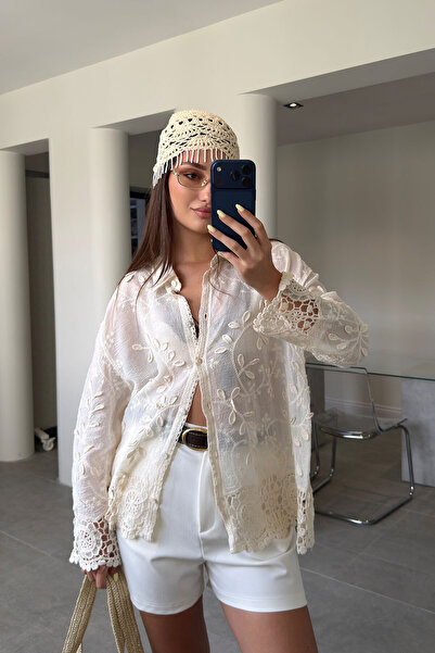 MAGARDE Premium Lace Embroidered Imported Shirt - Beige