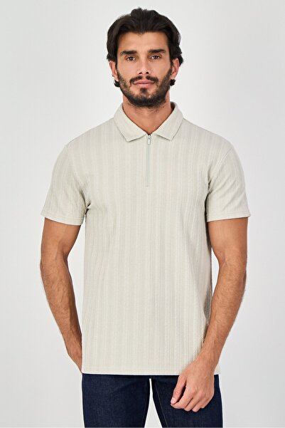 Bruno Milano Men Stretch Fit Textured Short Sleeve Polo Shirt, Beige