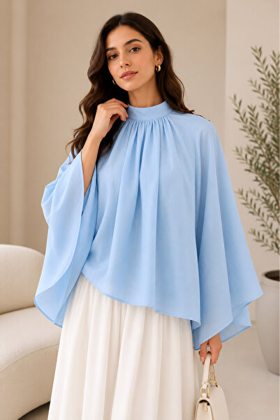 SADEL Astarlı Oversize İspanyol Kol Detaylı Vual Bluz - Bebe Mavi