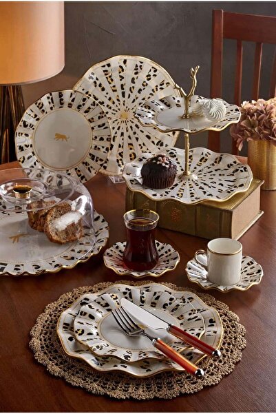Glass 32 Piece Mayon Cream Surf Gold Gilded Cake Tea Serving Catering Set for...