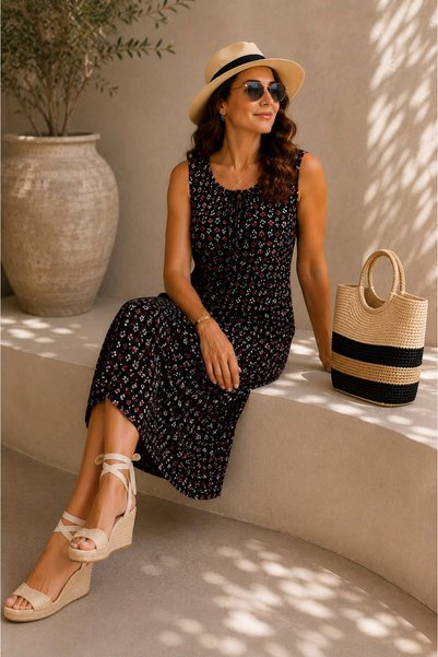 ÖNE BUTİK Women's Summer Dress with Thick Straps and Lace-Up Cotton Combed Cloth Li̇kapa