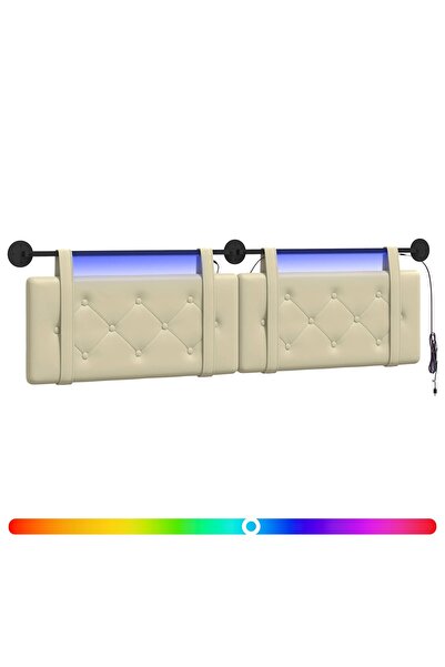 vidaxl Tăblie de pat suspendată Cu lumină LED Crem Piele artificială