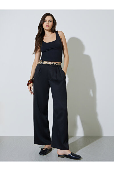 Take Two By Styli Black Wide Leg Fold Pleat Pants