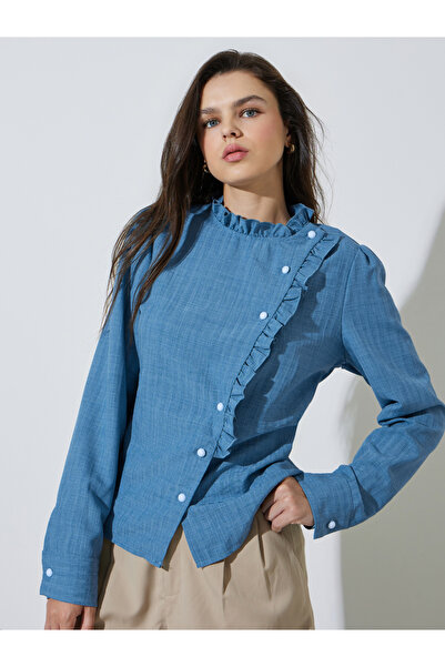Take Two By Styli Blue Ruffle Long Sleeves Blouse