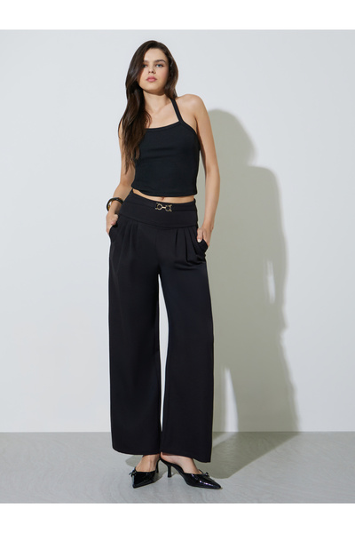 Take Two By Styli Black Wide Leg Trousers With Buckle Detail