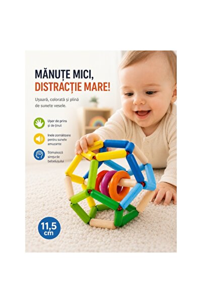 Selecta Minge senzorială din lemn, 11,5 cm, cu zornăitoare, stil Montessori, ...