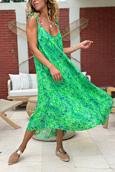 Güneşkızı Green Strap Floral Cotton A-Form Fit Woven Dress 110 70