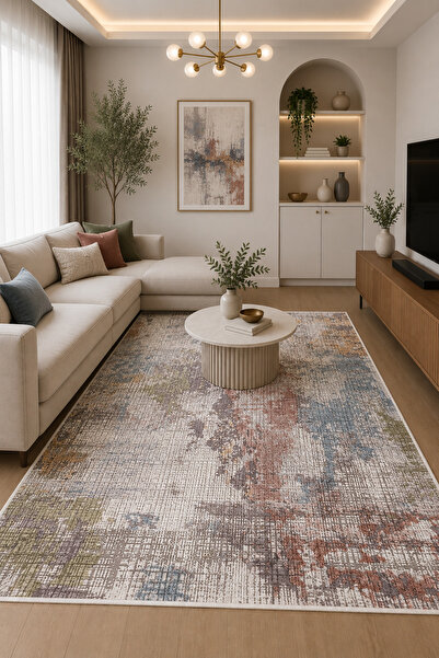 Modern Soyut Desenli Halı Kaymaz Taban Yıkanabilir Salon Halısı Mavi Kiremit Gri Dekoratif Oturma Odası Koridor Halısı