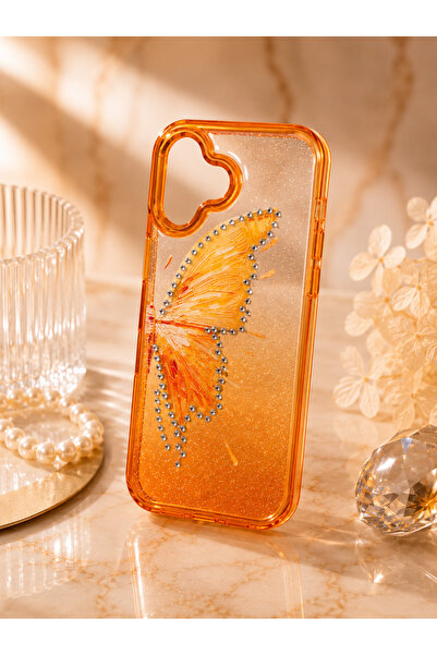 botyco Iphone 16 (6.1 inç) Uyumlu Simli Şeffaf Kelebek Desenli Renk Geçişli İ...