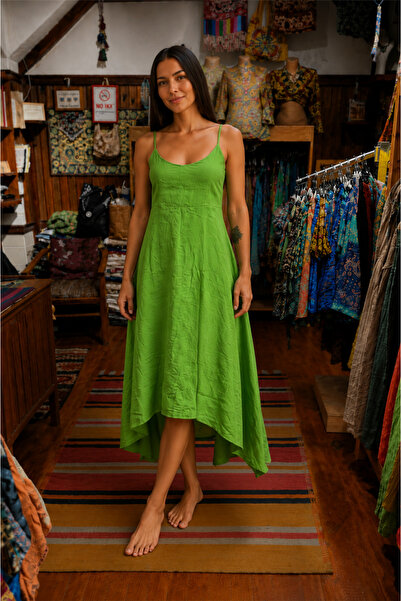Miss Boheme Green Color Italian Linen Dress with Short Front and Long Back an...