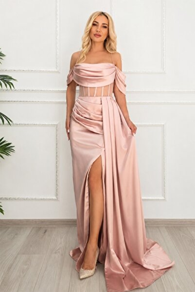 FashionForYou Μακρύ σατέν φόρεμα SABella, σε γραμμή γοργόνας, με πλισέ στο πλ...