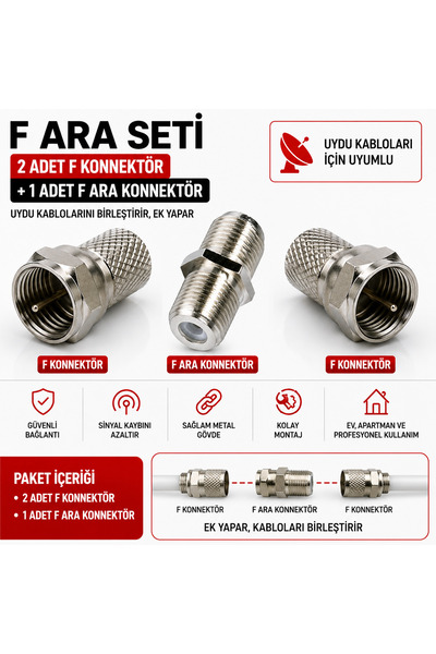 Koç Miraz Elektrik 2 Adet F Konnektör + 1 Adet F Ara Konnektör | Anten ve Uyd...