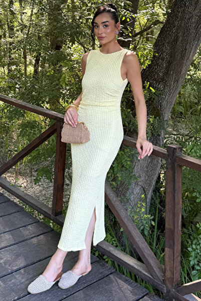 Aryena Yellow Women's Side Ruched Detailed Slit Wrap Dress