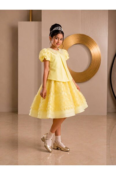 Al Farasha Girls Yellow Two-Piece Party Dress Set with 3D Floral Skirt