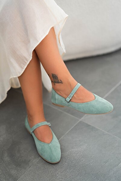 Parponi Will Belted Round Toe Genuine Suede Leather Ballerinas Water Green