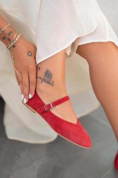 Parponi Will Belted Round Toe Genuine Suede Leather Ballerinas Red