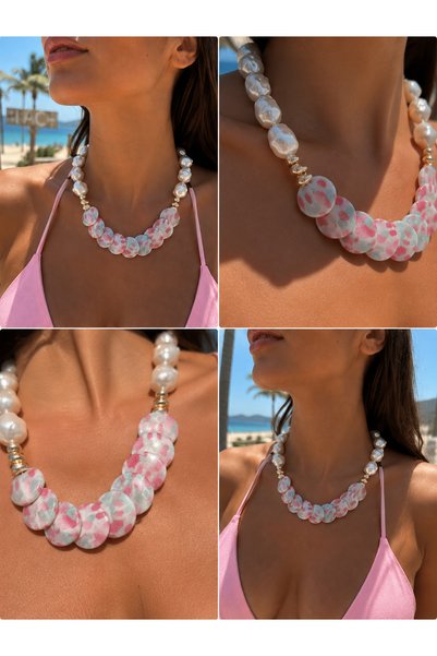 Elmosia Jewelry Pink Pearl Bohemian Necklace Non-Tarnish Summer Season Bikini Necklace Combination Necklace