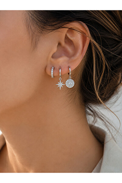 Miore takı Miore Zircon Stone 3-Piece Hoop Earring Set – Silver Color Women's...