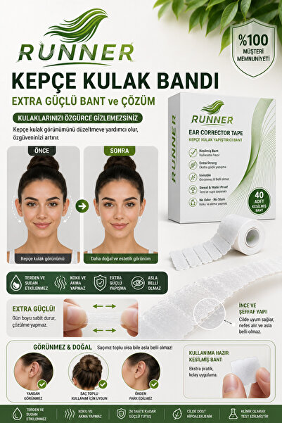 RUNNER Kepçe Kulak Bandı 40 Adet Hazır Kesilmiş Şeffaf Kulak Düzeltici Bant |...
