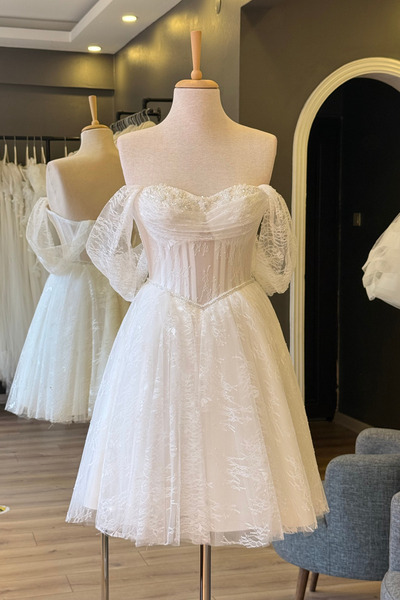 Lenta Moda Beyaz Simli Lez Etekli Mini After Parti ve Nikah Elbisesi